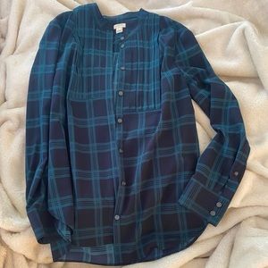 J. Crew Plaid Button-Up Pleated Blouse